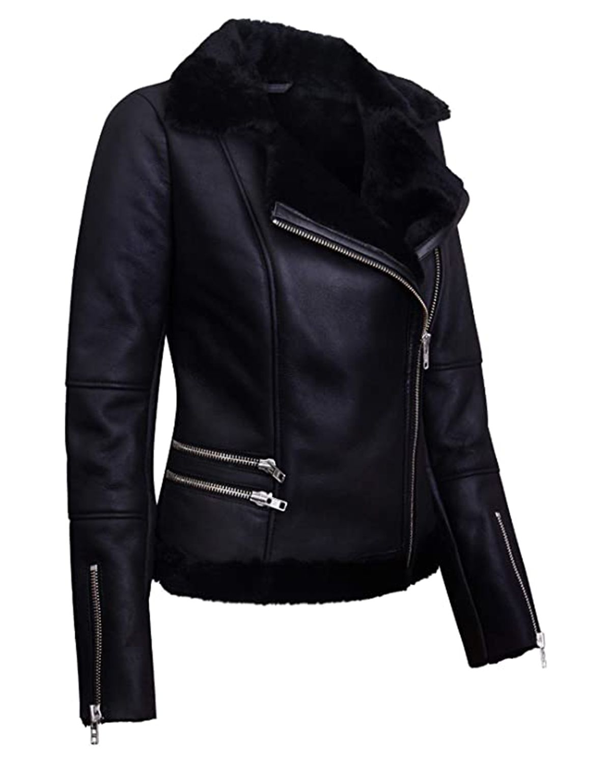 Women Fur Collar Black Biker Aviator Style Jacket