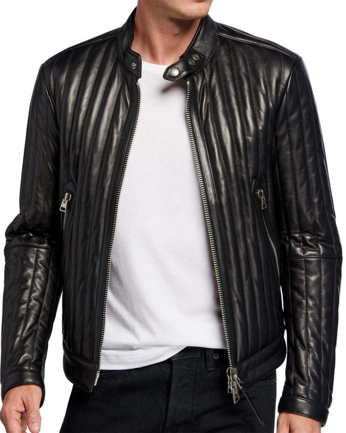 Men Vertical Channel Leather Biker Jacket