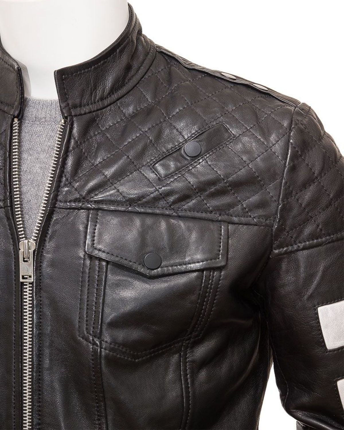 Men's Stand Collar Black Cafe Racer Biker Leather Jacket