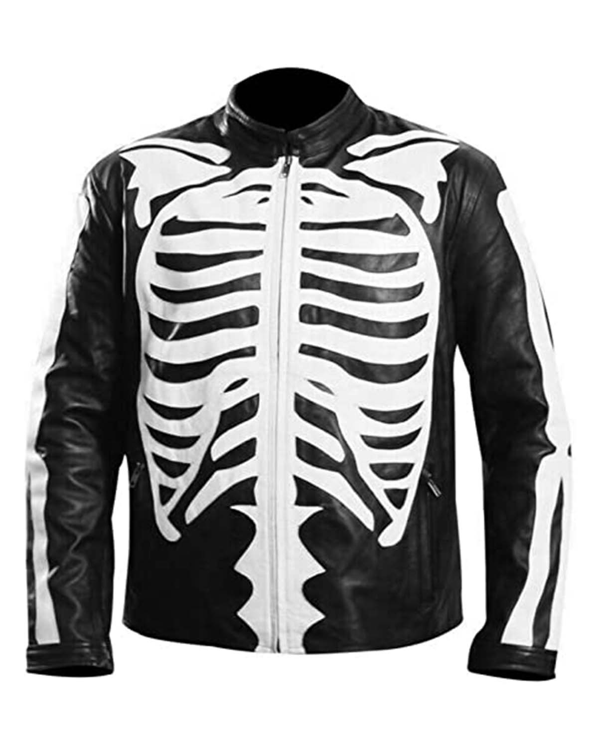 Mens Motorcycle Biker Skeleton Bones Leather Jacket Black/Blue