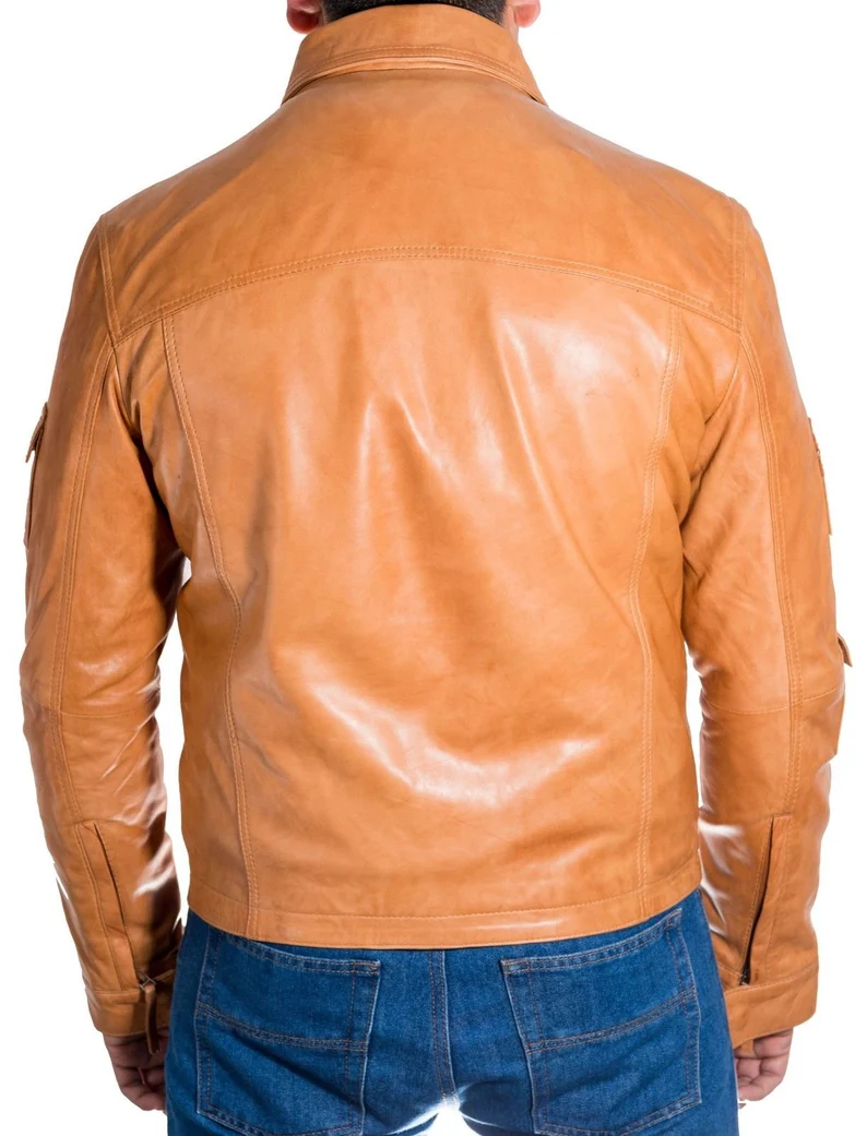 Mens Tan Brown Biker Shirt Collar Style Leather Jacket