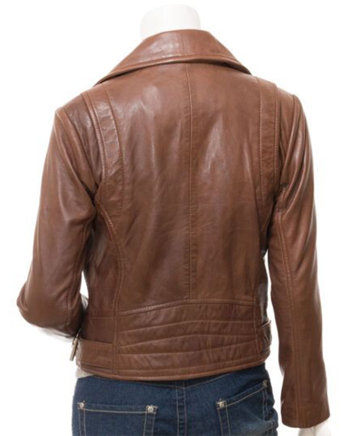 Womens Cross Zip Brown Biker Genuine Sheepskin Leather Jacket