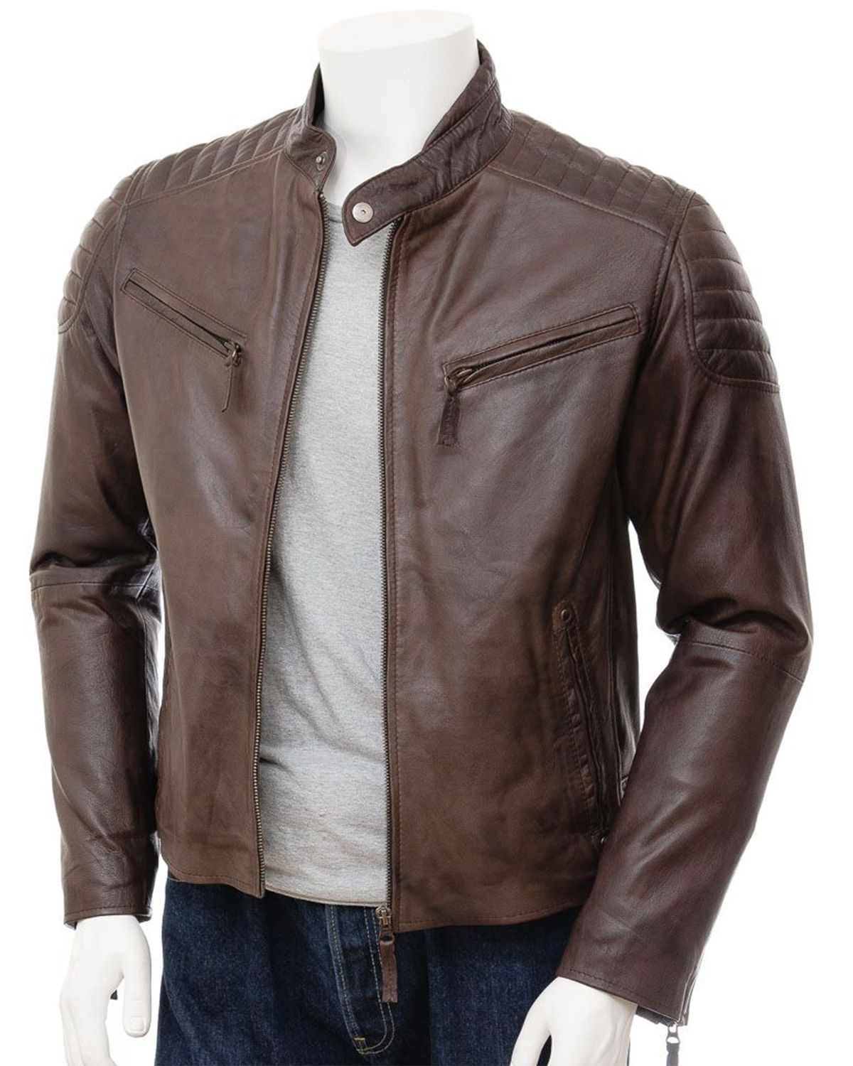 MotorCycleJackets Men's Quilted Shoulder Classic Cafe Racer Motorcycle Jacket