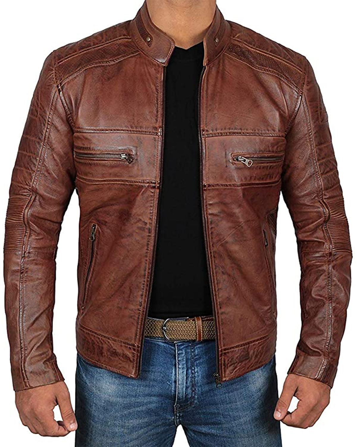 MotorCycleJackets Men's Classic Cafe Racer Motorcycle Real Leather Jacket