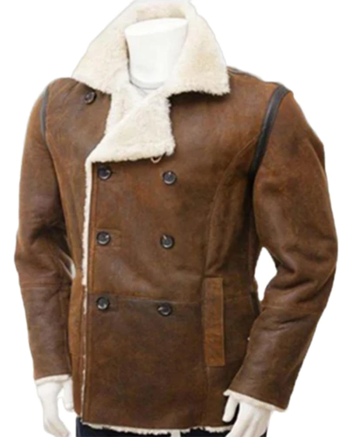 MotorCycleJackets Men Double breasted Fur Shearling Distressed Brown leather Coat