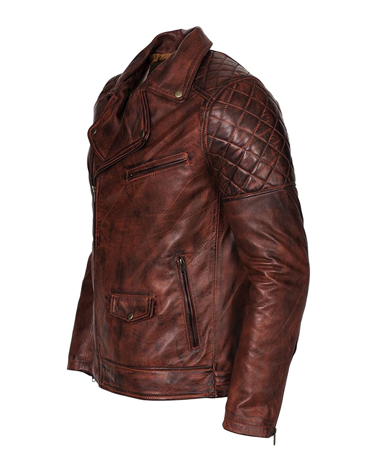 Men's Distressed Brown Brando Biker Genuine Sheepskin Leather Jacket