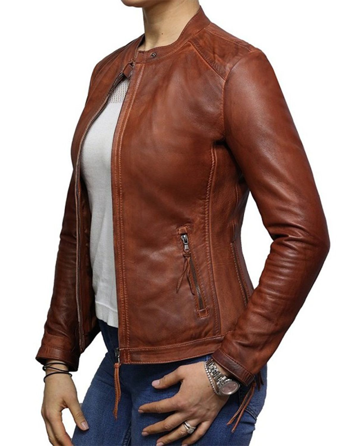 Women's Waxed Brown Biker Real Sheepskin Leather Jacket