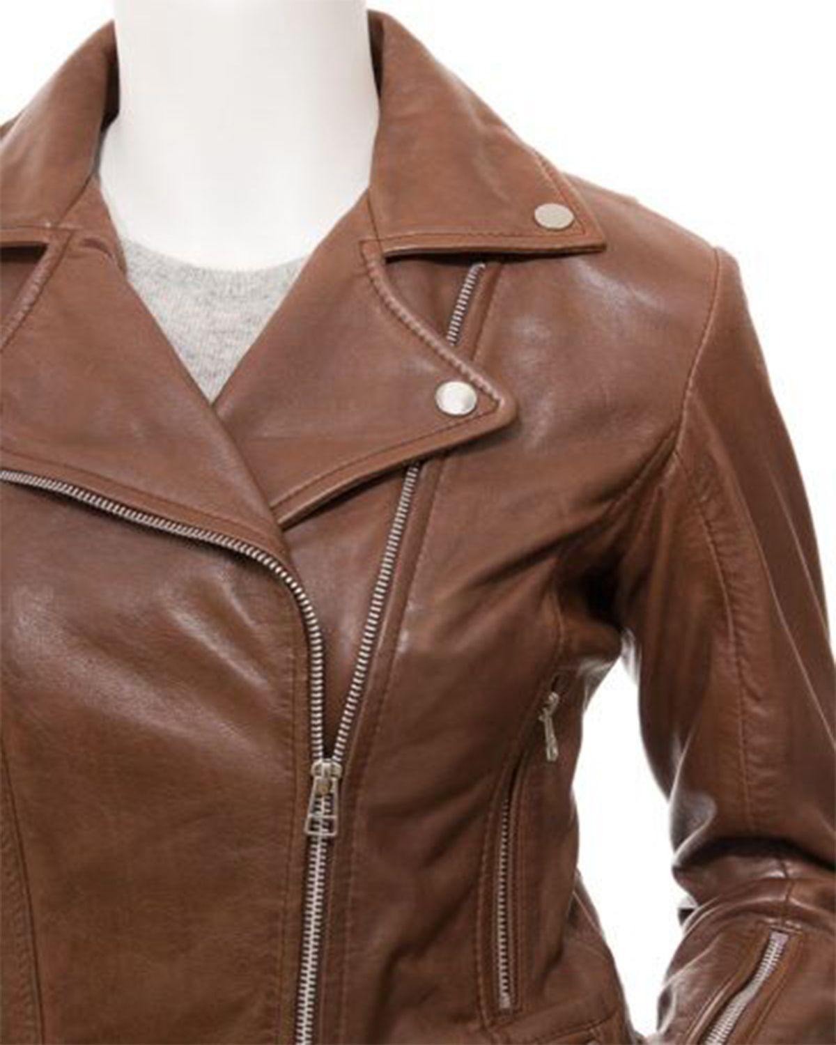 Womens Cross Zip Brown Biker Genuine Sheepskin Leather Jacket