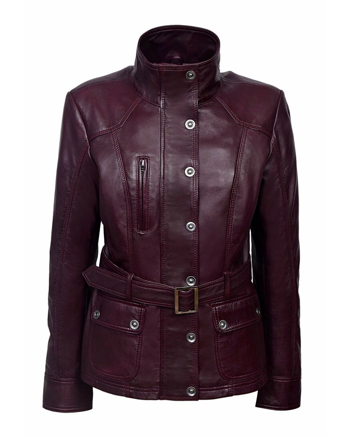 MotorCycleJackets Military Style Cherry plum Slim Fit Leather Jacket
