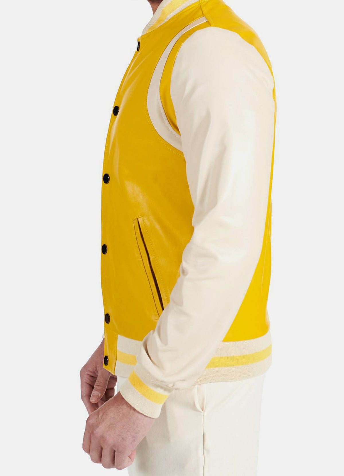 Mens Yellow Beige Leather Varsity Jacket