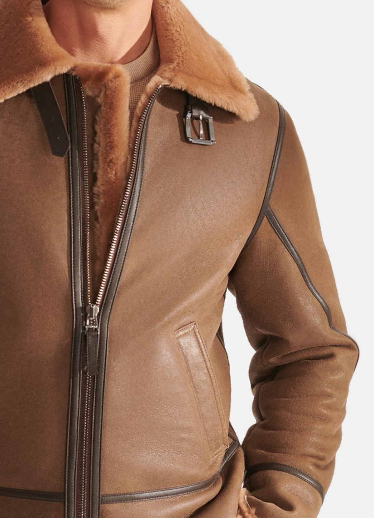 Mens Camel Brown Vintage Shearling Leather Jacket