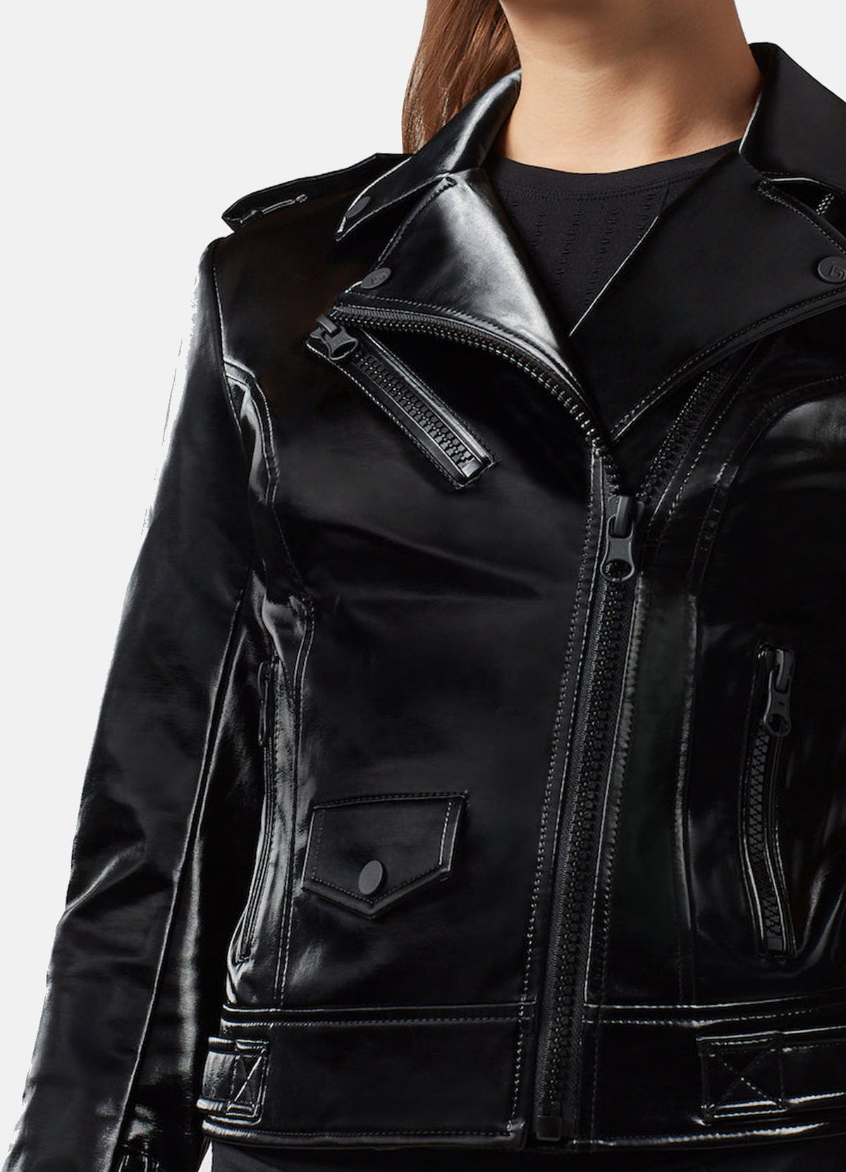 Womens Shiny Black Biker Faux Leather Jacket
