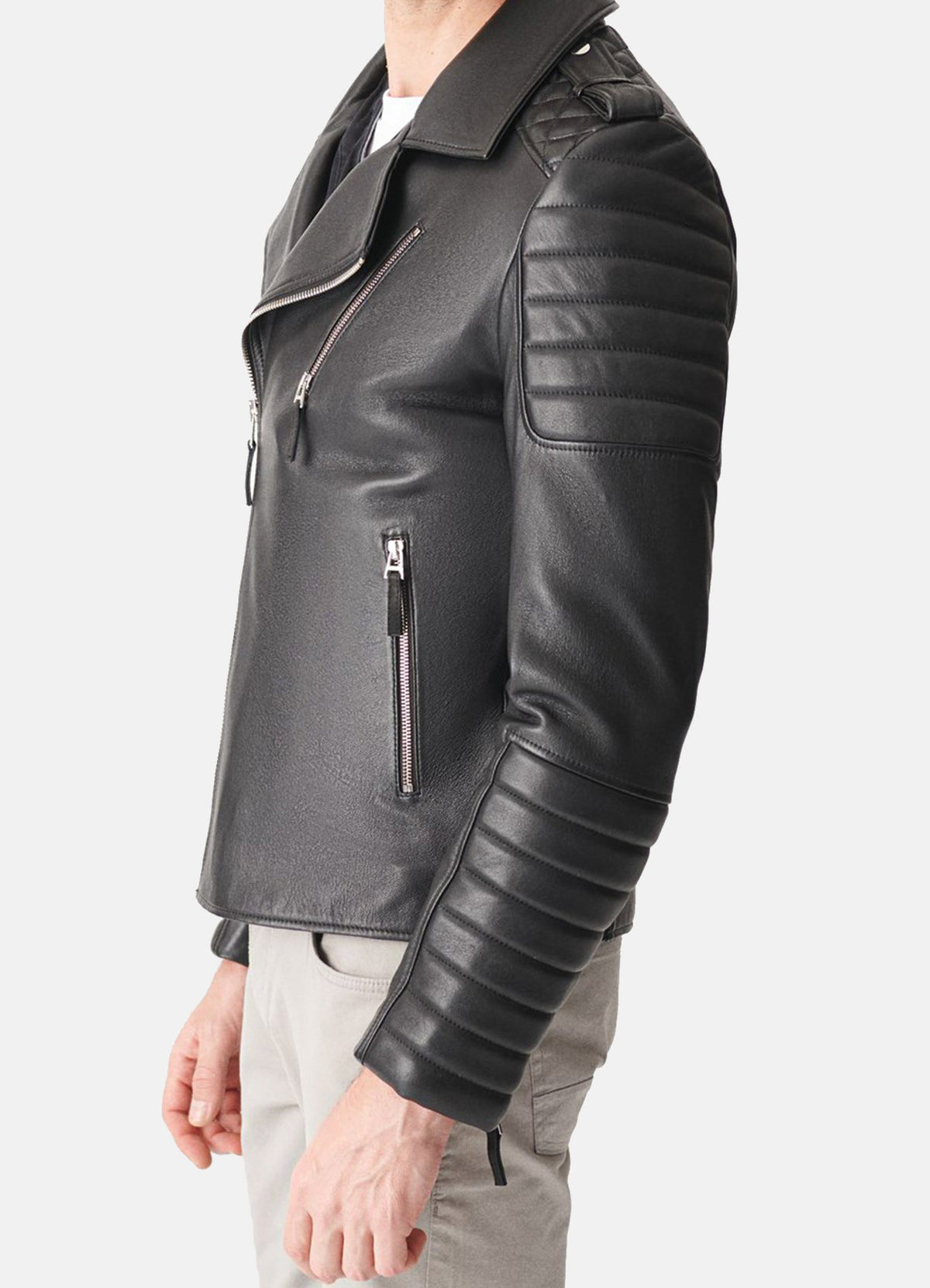 Mens Quilted Charcoal Black Biker Leather Jacket