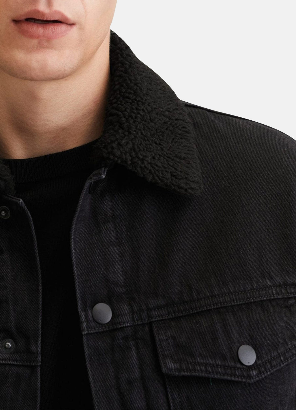 Mens Deep Black Denim Shearling Jacket