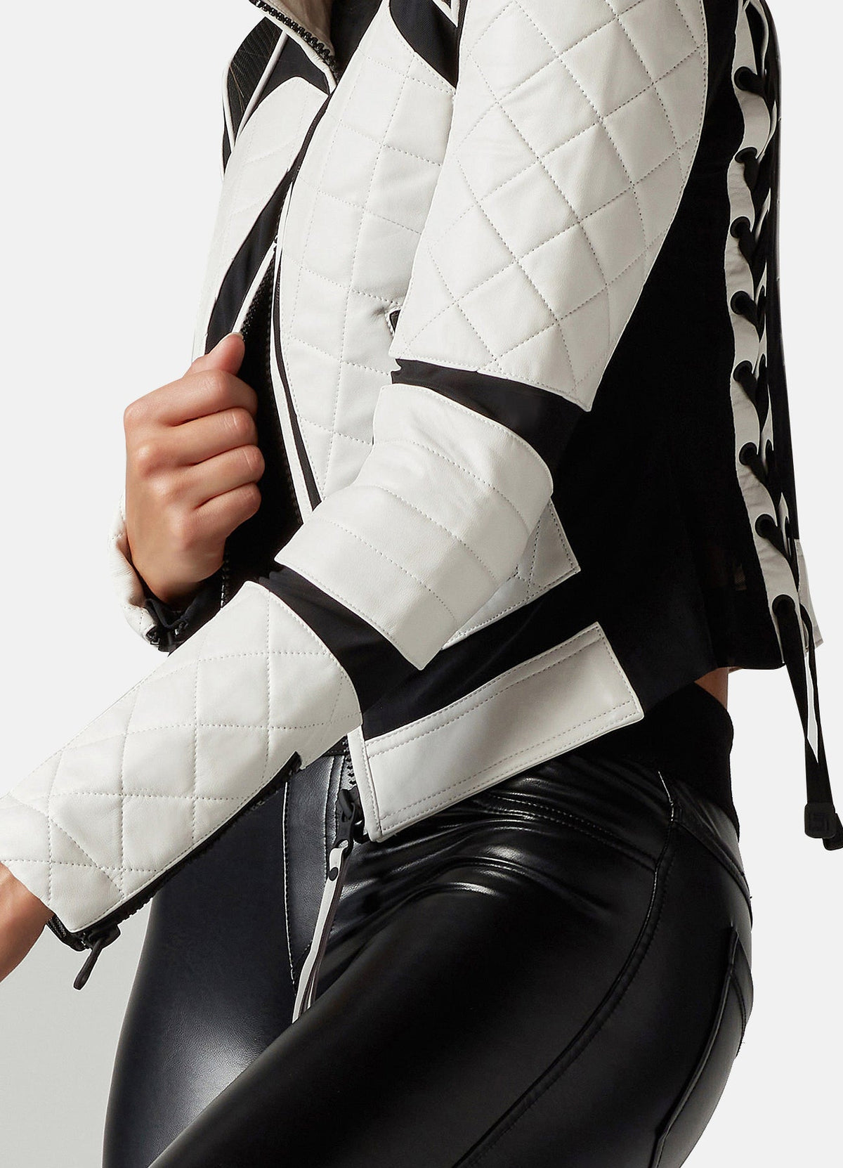 Womens White and Black Biker Leather Jacket