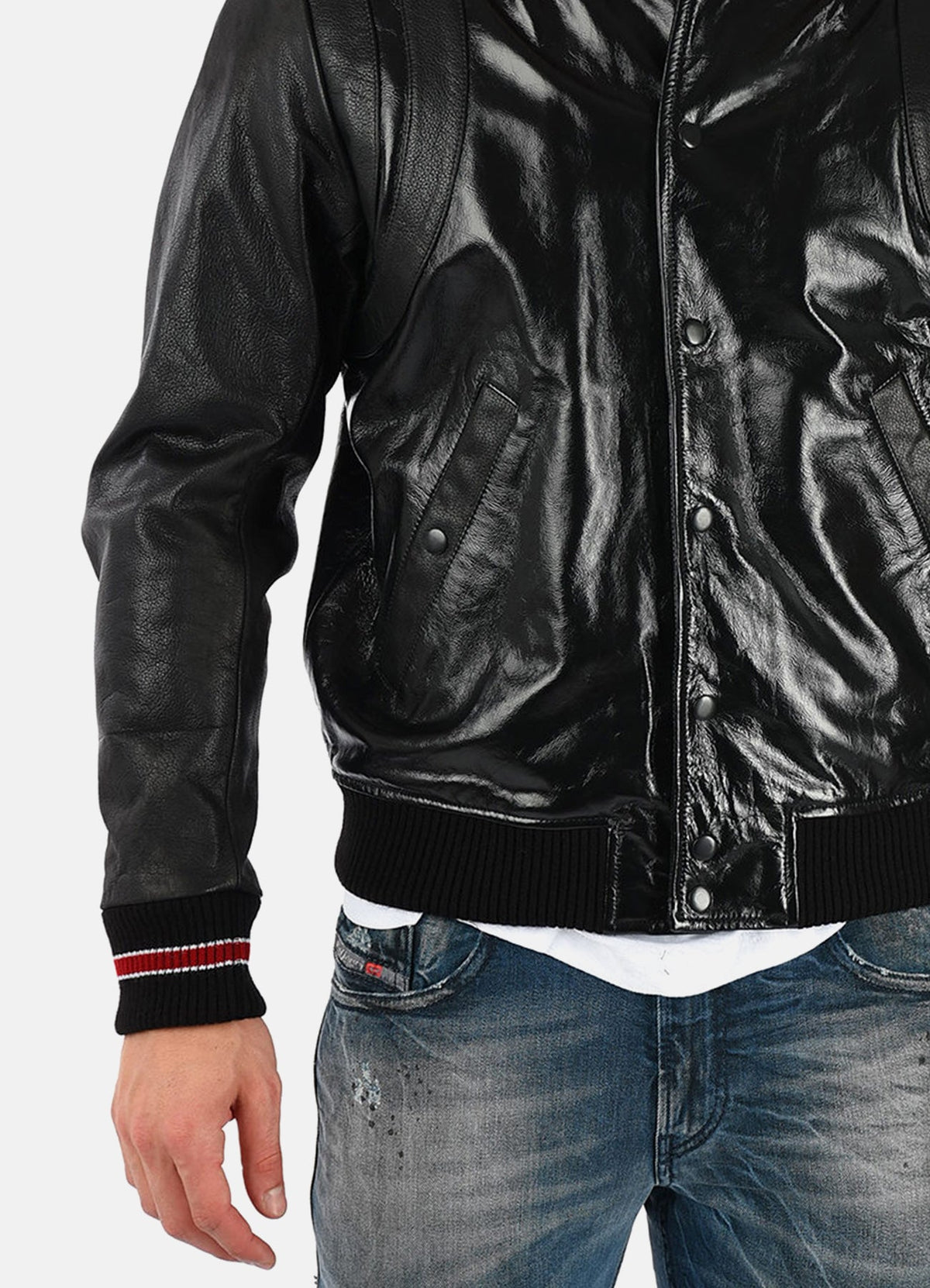 Mens Shiny Black Varsity Leather Jacket