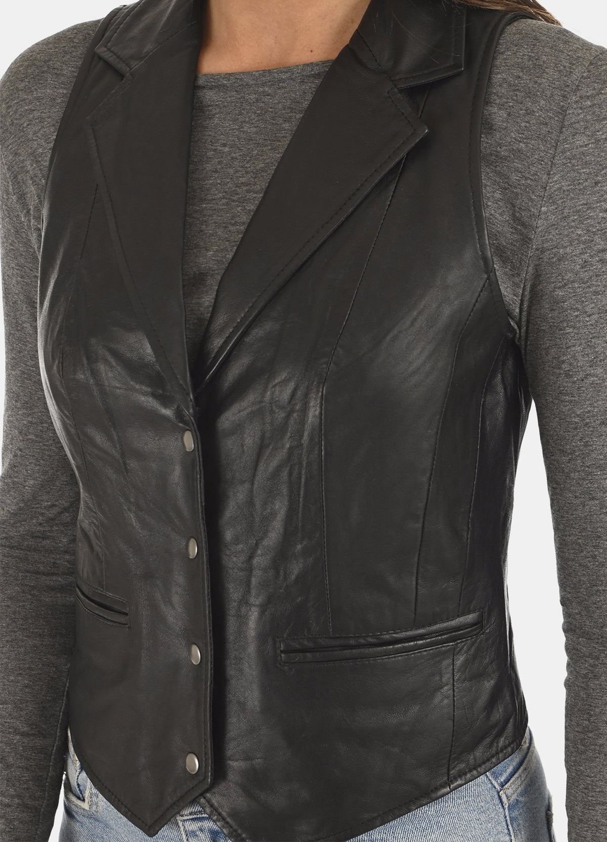 Womens Charcoal Black Leather Vest